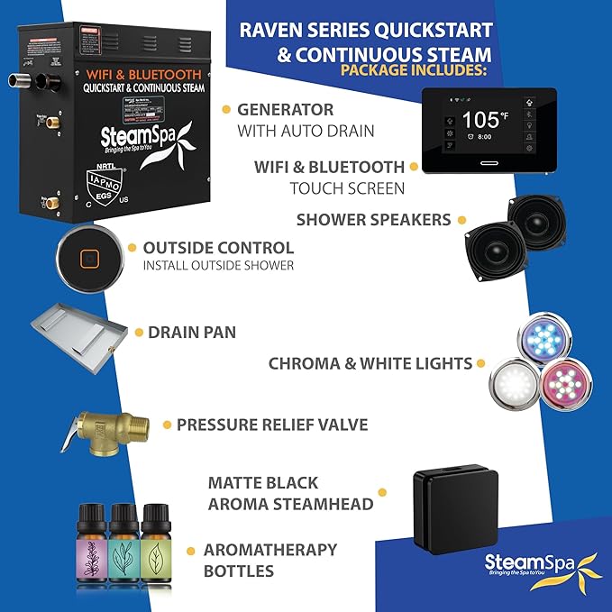 SteamSpa Steam System 9kW Steam Shower Generator with Bluetooth Wifi, Quickstart Continous Steam, Advanced Touch Pad Screen, Chroma Lights, Drain Pan and Auto Drain Black RVBS900BK-A
