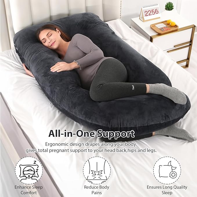 BATTOP Pregnancy Pillows for Sleeping, Full Body Maternity Pillow for Side Sleeping, Support for Back, Legs, Belly, HIPS, 57 Inch Pregnancy Pillow with Removable Cover, Black