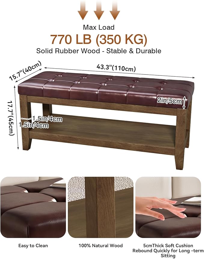 Solid Rubber Wood Shoe Bench, Easy-Clean PU Upholstered Seat, 770LB Load, Space-Saving Storage for Entryway/Living Room, Easy Assembly, Vintage Style, 43.3"x15.7"x17.7", Brown, UASND65R