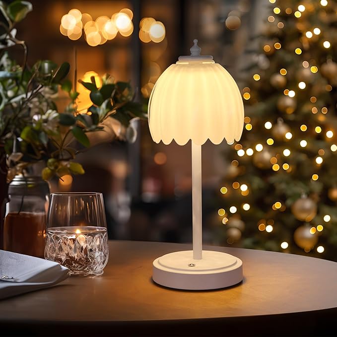 Tulip Table Lamp with 5200mAh Battery & Touch Control, Cordless Small Table Lamp with 3 Colors, Dimmable Rechargeable Table Lamps for Living Room, Bedroom, Bedside (White Tulip & White Base)