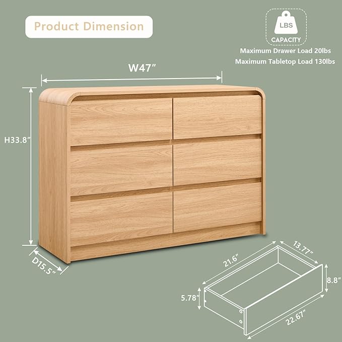 Modern 6 Drawers Dresser for Bedroom, 47" Wide Wood Dressers & Chests of Drawers w/Curved Profile Design, Mid Century Modern Dresser w/Natural Texture for Bedroom, Living Room, Natural Oak