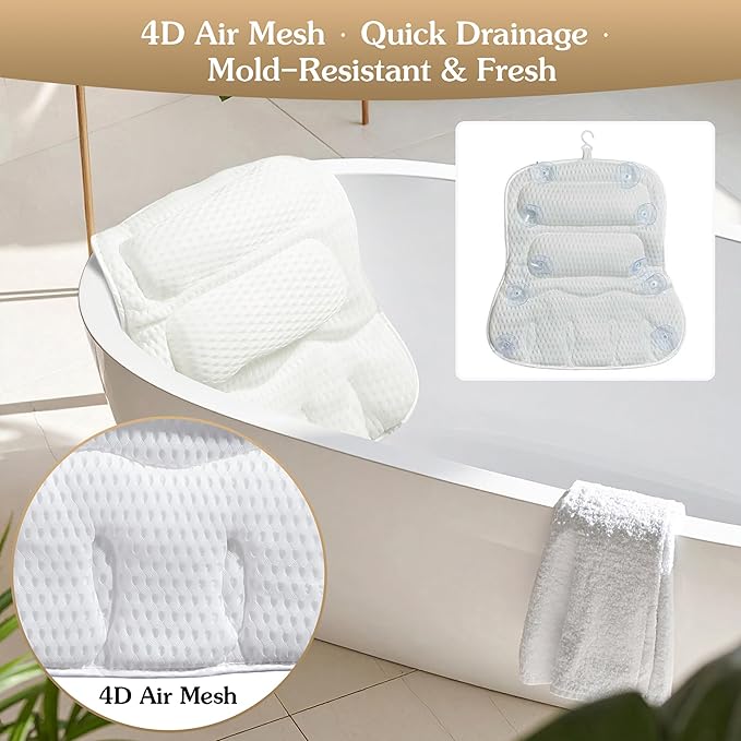 Luxury Bath Pillow for Tub, Dual Headrest & Back Support, 4D Air Mesh Quick-Dry Cushion, 10 Strong Suction Cups, Extra-Large Spa Bathtub Pillow Gift for Women(White)