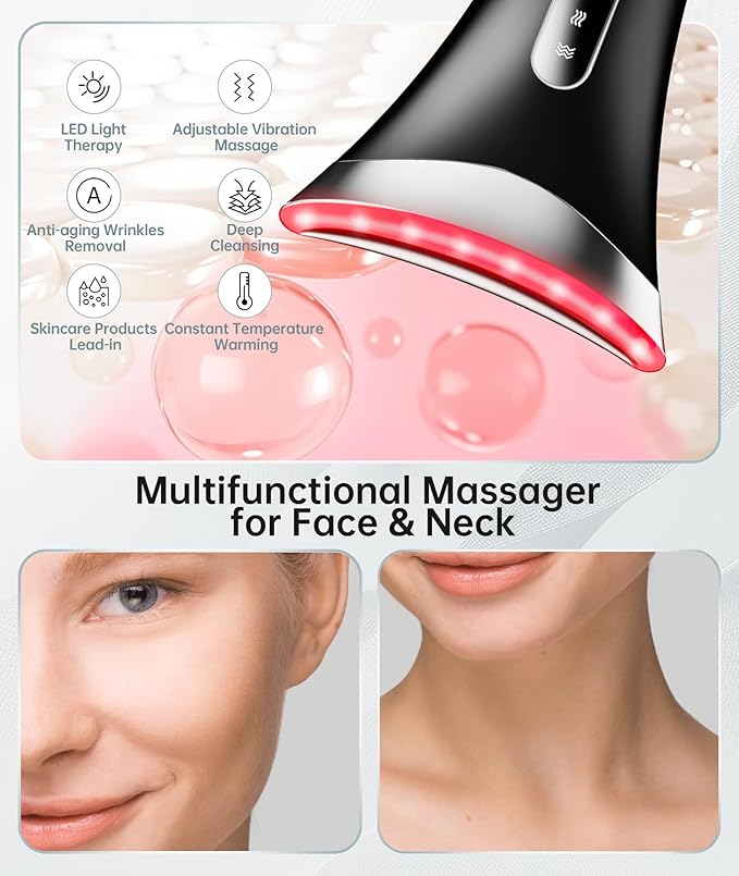 7 Color Light Therapy Facial Massager with Adjustable Vibration and Thermals for Wrinkles, Double Chin, Red Light Skin Care Tool with Base, Black