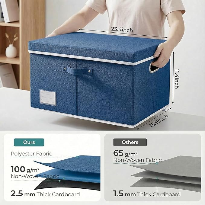 PRANDOM Storage Bins with Lids [3-Pack] Linen Fabric Foldable Storage Boxes Organizer Containers Baskets Cube with Cover Royal Blue(23.4X15.9X11.4)