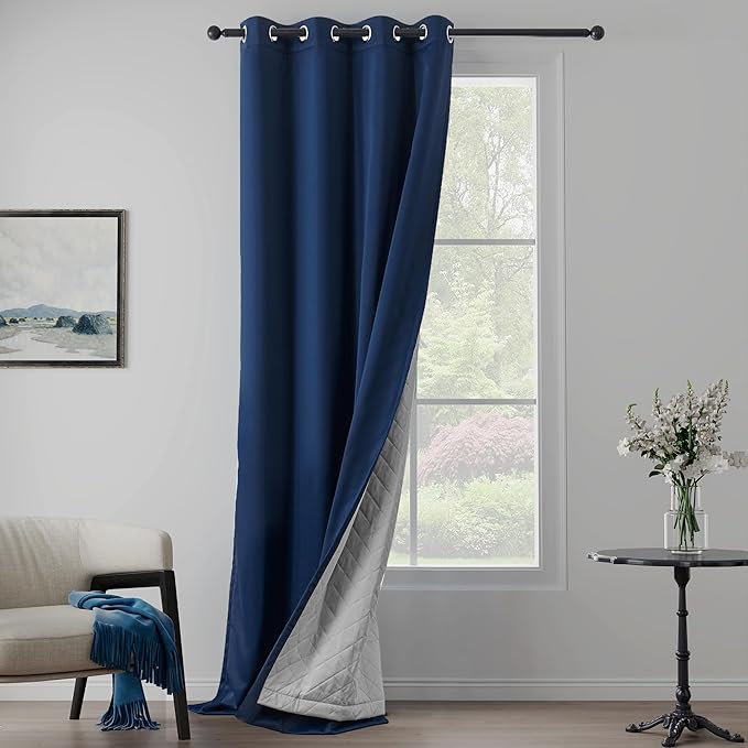 Navy Blue 3-in-1 Blackout Curtains Heavy Duty Soundproof Curtains Thermal Insulated Drapes for Winter Room Divider Grommet Curtains for Living Room Bedroom (1 Panel, Navy Blue, 50" x 108")
