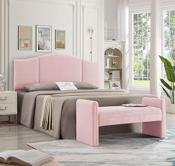 24KF Modern Upholstered Bed Bench Covered with Soft Boucle Teddy Fabric, Lovely Entryway Bench Ottoman with Armrest, 5062-Pink