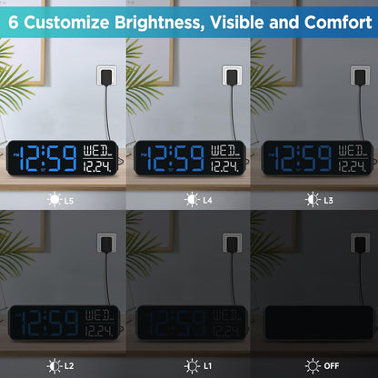 Peakeep Large Display Digital Alarm Clock for Bedrooms, Date Day of Week Calendar Desk Table Clocks for Living Room Office, Dimmable Plug in Electric Clock, 5 Volumes, Loud, Auto DST