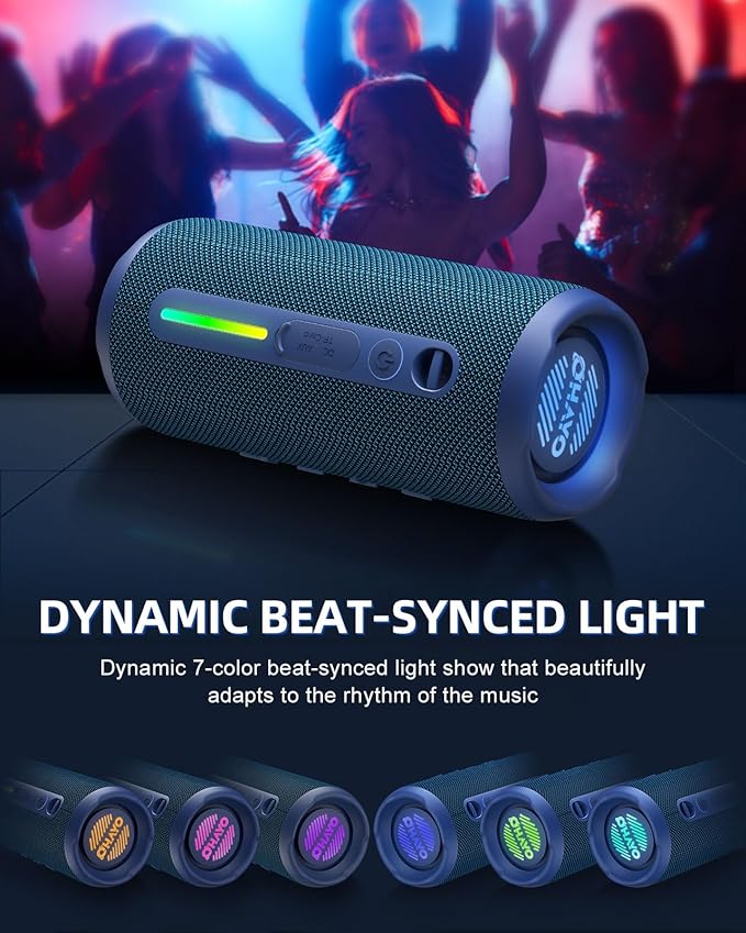 OHAYO Portable Bluetooth Speaker, IPX7 Waterproof Wireless Speaker with 24W Stereo Sound, Active Extra Bass, Bluetooth 5.3, RGB Lights, Dual Pairing, Up to 30H Playtime for Home, Outdoor, Party