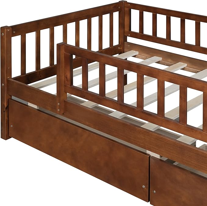 Bellemave Twin Bed Frames with Rails for Kids, Twin daybed Frame with Drawers for Boys/Girls/Adults， Walnut