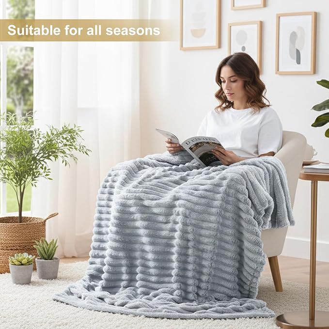 decorUhome Christmas Soft Fleece Light Grey Throw Blanket for Couch, Cozy Fluffy Plush Flannel Striped Blanket for Sofa Bed, Lightweight Decorative Ribbed Fuzzy Blanket for Woman, 50x60 Inches