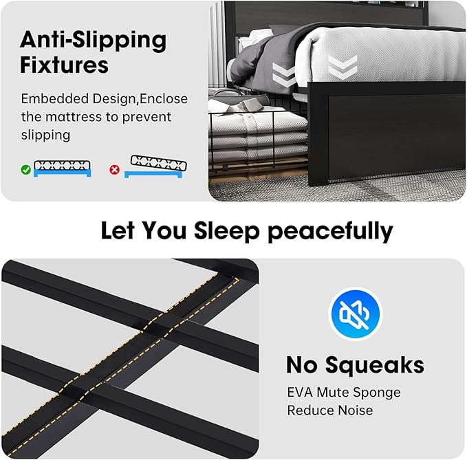 Fabuils Full Size Bed Frame with Storage, LED Wood Bed Platform with Headboard, 4 Drawers, Charging Station, No Box Spring Needed, Metal Support Base,Charcoal Grey