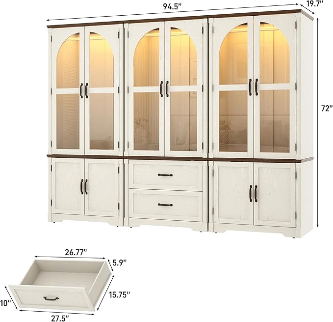 Tall Farmhouse 6 Doors Armoire Wardrobe Closet with LED ,72" Freestanding Arched Wardrobe Closet Cabinet for Bedroom w Glass Doors/Drawers,Wooden Clothing Storage Cabinet,Closets for Bedroom(White)
