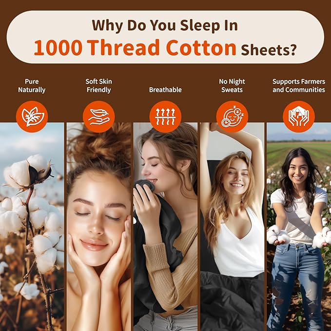 LBRO2M 1000 Thread Count 100% Egyptian Cotton Sheets Set Twin, 3 Piece Sets Bed Sheet Deep Pocket Sheet Set 16" Soft Comfortable All Season (Twin, Black)