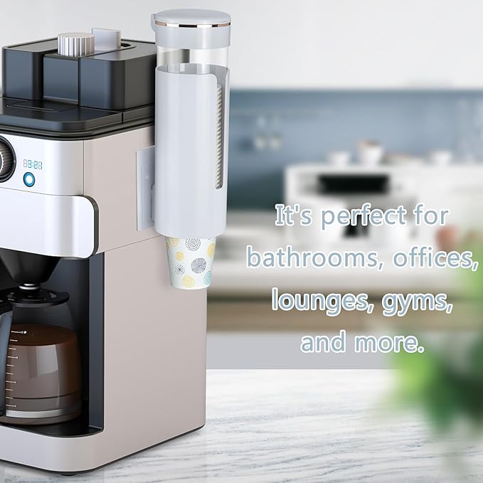 Cup Dispenser, Wall Mount Water Cooler Cup Dispenser fits 4-7 oz Disposable Paper and Plastic Cups, Pull Type Cup Holder for Bathroom, Office, Break Room, Gym, White