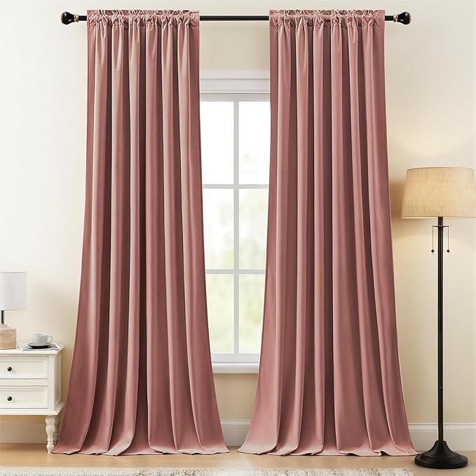 Velvet Curtains 108 Inches Long for Girls Room, Luxury Room Darkening Thermal Insulated Dusty Rose Pink Velvet Curtain Privacy Drapes for Living Room, Back Tab Rod Pocket, W52 x L108, 2 Panels