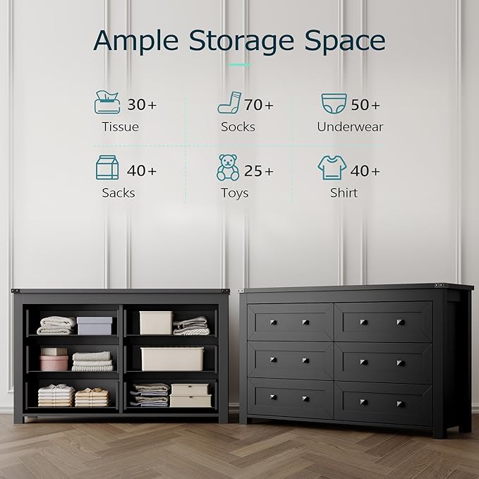 Dresser for Bedroom with 6 Drawers, Farmhouse Wood Chest of Drawers, Wide TV Stand Closet Storage Furniture with Metal Handle, Modern Clothes Organizer for Hallway, Living Room, Entryway, Black