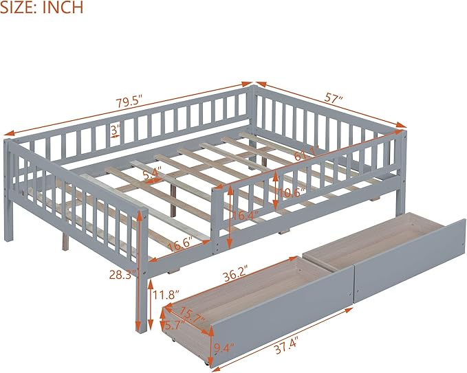 Bellemave Full Size Bed Frames with Rails for Kids, Full daybed Frame with Drawers for Boys/Girls/Adults， Gray