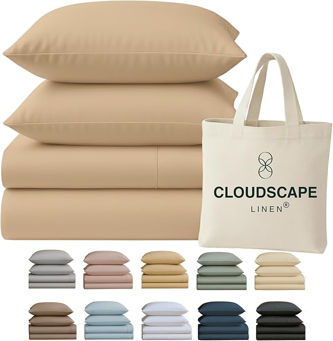 Cloud Scape Linen 100% Egyptian Cotton Sheets for Queen Size Bed, 400 Thread Count, 4 Pieces Bedding Set, Hotel Quality, Silky Soft, Deep Pockets up to 17”, Linen
