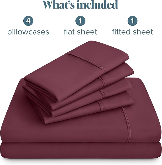 Bare Home Hotel Luxury Queen Sheet Set, Extra Soft - 6 Piece Set - Deep Pockets - Easy Fit - Cooling & Breathable - Wrinkle, Fade, Stain Resistant - Includes 4 Pillowcases (Queen, Burgundy)