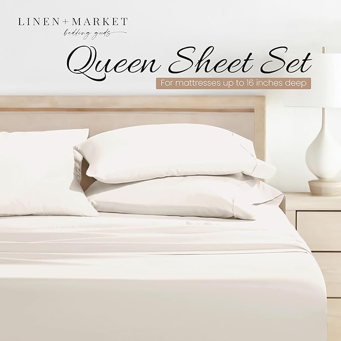 Linen Market Double-Brushed Microfiber Queen Sheet Set 4 Piece – Oeko-TEX Certified Ultra Soft & Wrinkle-Free - 16" Deep Pocket Sheets - Easy Care Queen Size - Ivory