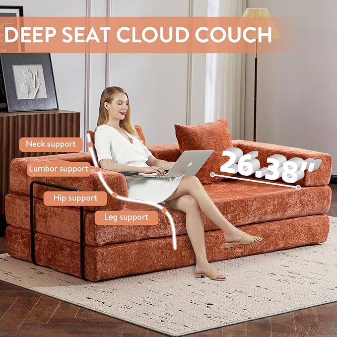 4-in-1 Convertible Folding Sleeper Sofa Bed, Fold Out Floor Sofa Couch with Fixed-Shape Frame, Cloud Corduroy Foldable Mattress Couch for Living Room Bedroom (78.5" Chenille, Orange)
