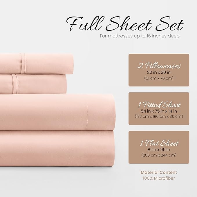 Linen Market Brushed Microfiber Full Sheet Set 4 Piece – Oeko-TEX Certified Ultra Soft & Wrinkle-Free - 16" Deep Pocket Sheets - Easy Care Full Size - Blush