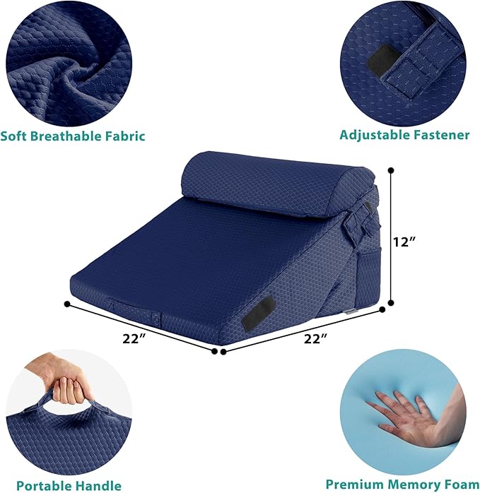 Bedluxe 3Pcs Orthopedic Bed Wedge Pillow Set, Foam Wedge Pillow Post Surgery for Back, Leg and Knee Support, Adjustable 9&12 Inch Folding Triangle Pillow for Sleeping, Acid Reflux, Snoring, Navy