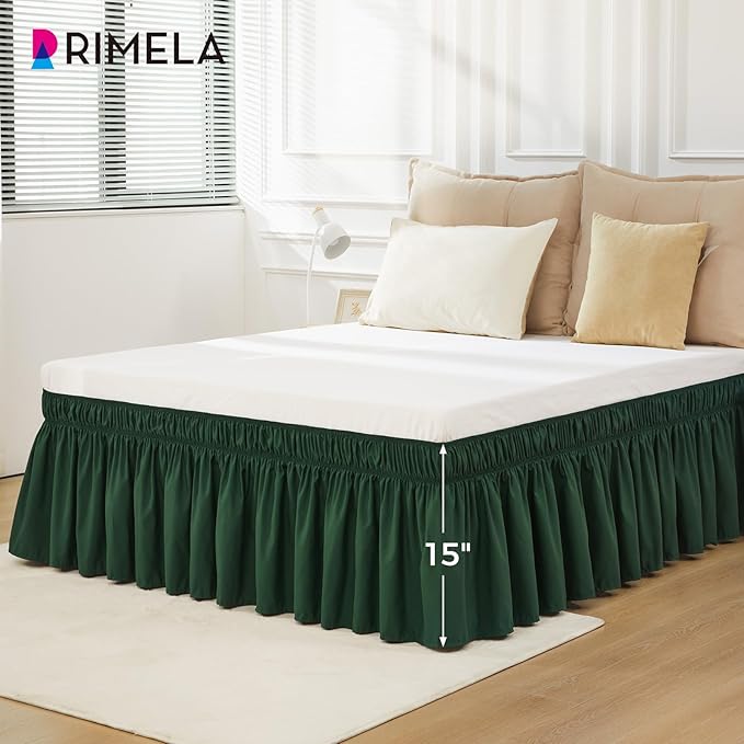RIMELA Dark Green Bed Skirt Queen Size 15 Inch Drop, Elastic Bed Skirting for Bed Base and Frame, Bedding Dust Ruffle Easy to Install, Lightweight Wrap Around Adjustable Bedskirt