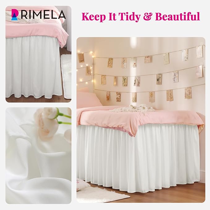 RIMELA Dorm Bed Skirt Twin XL 36 Inch Drop, Easy to Install Extra Long Wrap Around Elastic Dust Ruffle, Warm White Bedskirt Solid Silky Fabric Machine Washable (Twin XL 80“L x 39”W & Twin 75“L x 39”W)