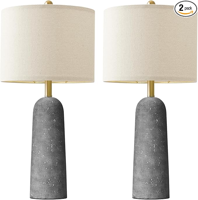 BOBOMOMO 27.25" Modern Table Lamp Set of 2, Gray Resin Lamp with Natural Stone Look, Lamps for Living Room with Linen Shades, Nightstand Lamp for Bedroom, Living Room, Entryway