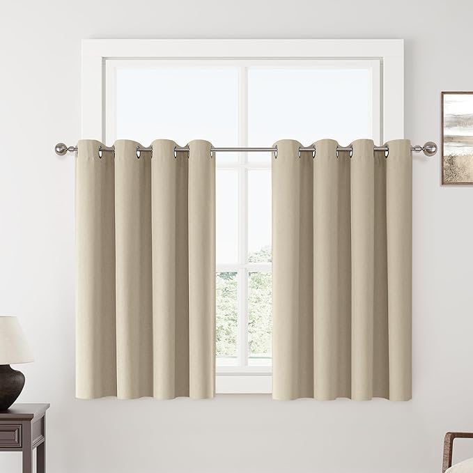 ChrisDowa 100% Blackout Natural Solid Solid Curtains 54 Inches Long 2 Panels for Bedroom Living Room,Farmhouse Room Darkening Thermal Insulated Soundproof Grommet Top Window Treatment Drapes,52x54