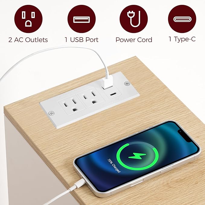 Narrow Nightstand, Slim End Table with Charging Station and LED Sensor Light, Modern Side Table, Bedside Table, for Small Spaces, Living Room, Bedroom, Natural and White ETNW30E01