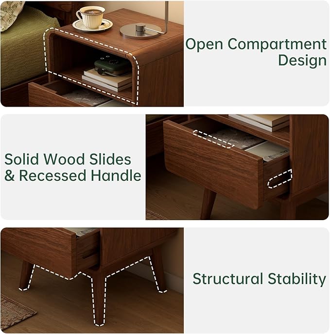 Walnut Night Stand Set of 2, Solid Wood Nightstand with Drawer, Walnut Bedside Table, Mid Century Modern Nightstand, Small Bed Side Table for Small Spaces Bedroom(Dark Black Walnut, 20.47" H)