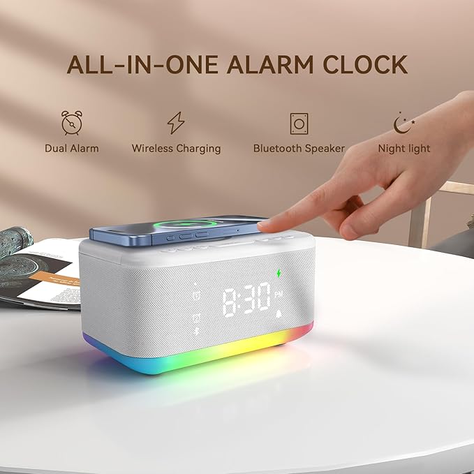 Wireless Charging Alarm Clock Bedroom, Loud Digital Alarm Clocks Bedrooms, Alarm Clock Night Light Speaker 8W Snooze Dual Alarm 12/24H Adjustable Brightness Dimmer Bluetooth, White