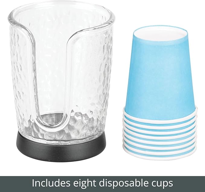 mDesign Plastic/Steel Compact Small Disposable Paper Cup Dispenser Storage Holder for Rinsing Cups on Bathroom Vanity Countertops - Rain Collection - Clear/Black