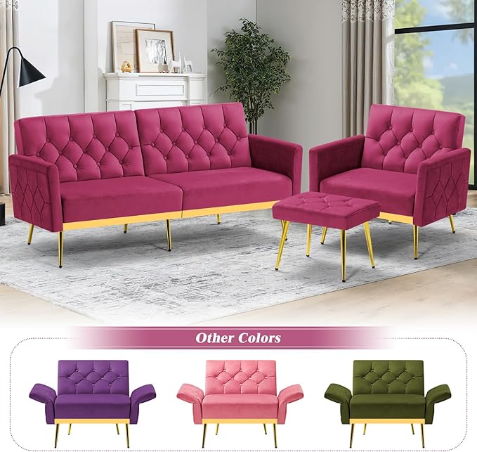 Velvet Accent Chair w/Adjustable Armrests and Backrests, Tufted Single Sofa with Ottoman, Upholstered Reading Chiar for Living Room, Apartment, Bedroom, Fuchsia