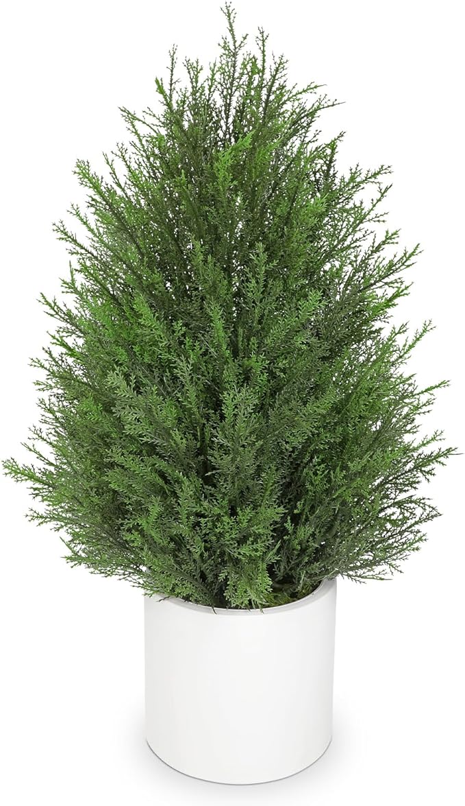 Briful 27” Artificial Cedar Topiary Tree in White Planter – Realistic Faux Evergreen Faux Floor Plant with Layered Leaves, Decorative Indoor Outdoor Potted Shrub for Home, Office, Patio, Porch