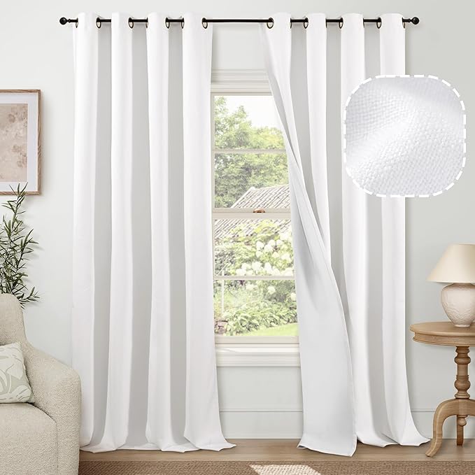 White Blackout Curtains for Living Room 90 Inch Length 2 Panels Set, Thermal Insulated Black Out Privacy Soundproof Grommet Farmhouse Linen Window Curtains for Bedroom Darkening, Each 52”Wide