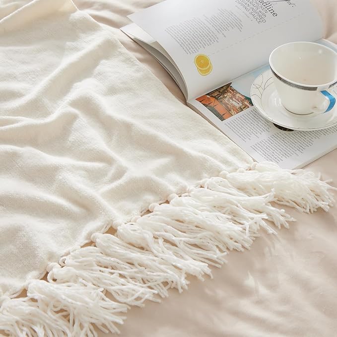 CozeCube Chenille Throw Blanket for Couch, Cozy Plush Fuzzy Decorative Cream White Blanket with Fringe Tassels, Lightweight Throws for Bed Sofa Gift Home Decor, 60"X80"