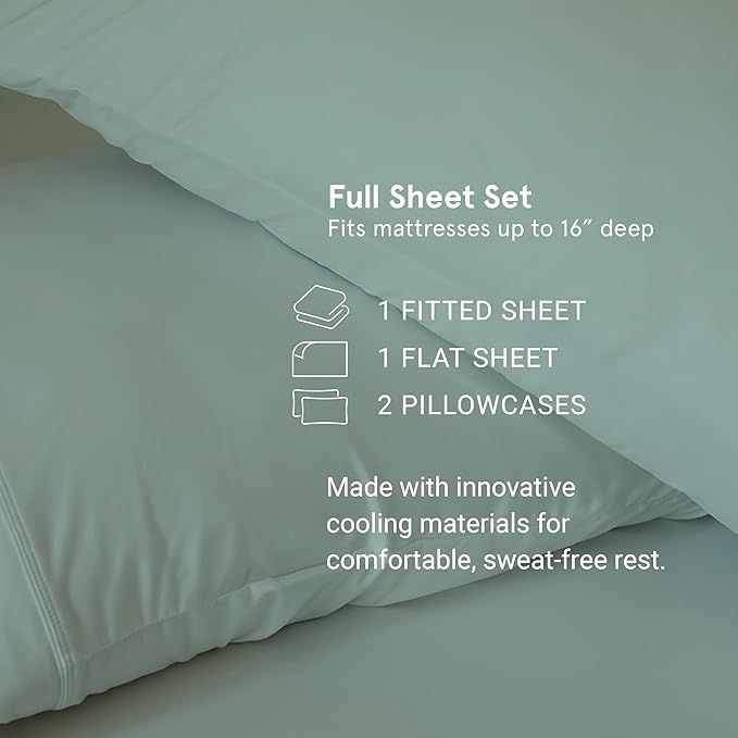 SHEEX - Original Performance Sheets Set (Full) Serene Green - Cooling Sheets - Moisture Wicking - 1 Flat Cooling Sheet, 1 Fitted Cooling Sheet, 2 Pillow Covers - Wrinkle Free - Sleep Aid