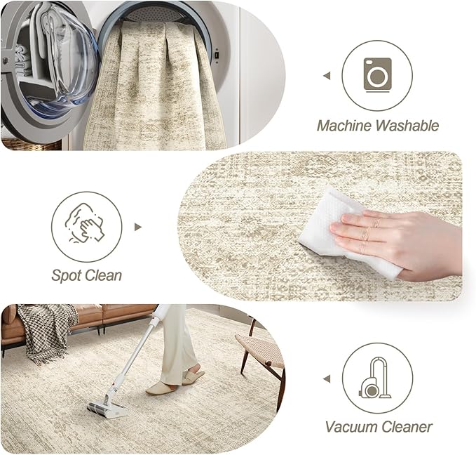 9x9 Beige Round Rug 9ft Living Room Circle Rug Vintage Round Area Rug Non Slip Indoor Carpet for Apartment