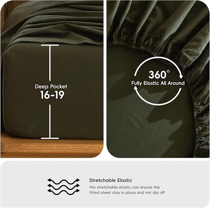 MooMee Bedding Sheet Set 100% Washed Cotton Linen Like Textured Breathable Durable Soft Comfy (Solid Olive Green, Queen)