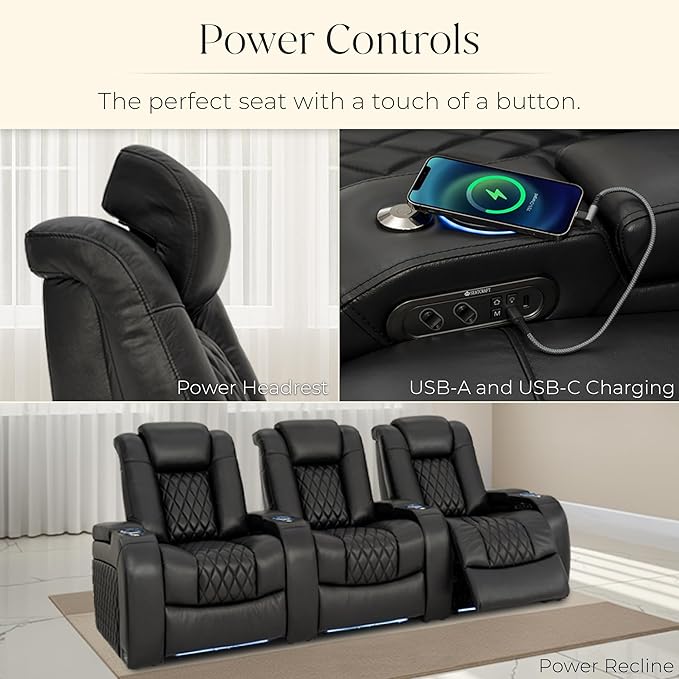 Seatcraft Diamante Zero-Gravity CoolZero Italian Leather Home Theater Seating, Power Headrest, Power Recline, Row of 3, Black