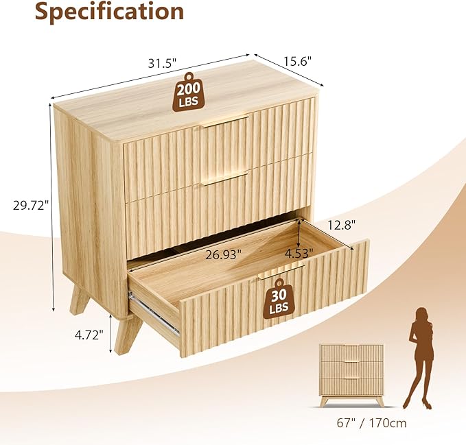 VINGLI Fluted Wood Nightstand 3 Drawer, 31.5" W Mid Century Modern Nightstand Tall, Fluted Bedside Table, End Table, Night Stand for Bedroom, Oak, 31.5" W*15.96" D*29.72" H