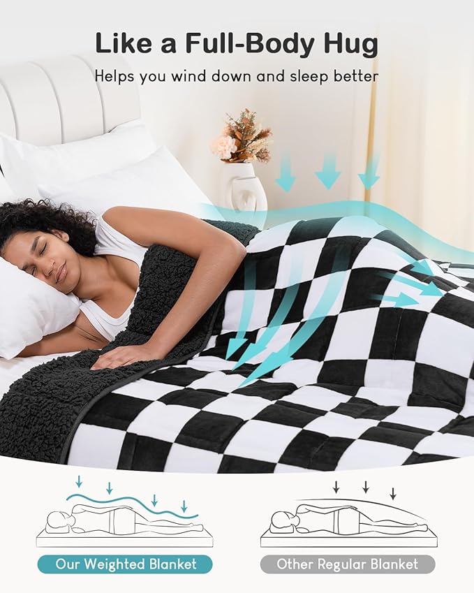 Weighted Blanket for Adults, 10lbs Sherpa Flannel Weighted Blanket Full Size, Soft Fluffy Fleece Checkerboard Weighted Blankets for Calming and Relax, Plaid Black, 48" x 72"