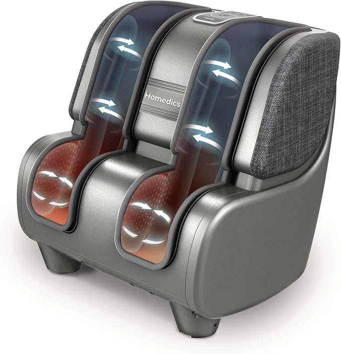 Homedics Deluxe Foot Massager & Calf Massager with Gentle Warmth, Rolling & Compression Massage, Adjustable Tilt, Washable Liners, 4 Programs, 3 Intensity for Muscle Relief and Post-Workout Recovery