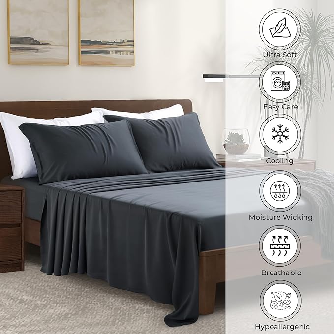 Luxury Bamboo Market | Queen Size Bed Sheet Set | 100% Viscose Made from Bamboo | Organically Grown | Ultra Soft | Cooling Sheets for Hot Sleepers | 17" Deep Pocket [Charcoal Grey]