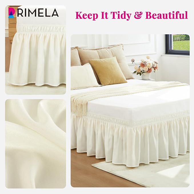 RIMELA Ivory White King Size Bed Skirt 15 Inch Drop, Elastic Bed Skirts Cal King Dust Ruffle, Bedskirt for Adjustable Bed Base Solid Fade Resistant Silky Fabric Machine Washable Easy to Install