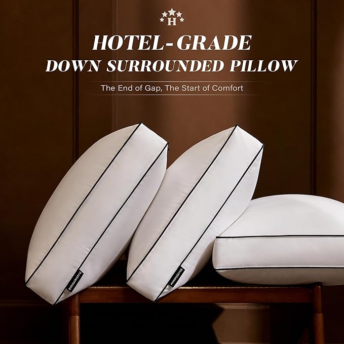 Flat Thin Goose Feather Down Pillows Queen Size Set of 2, Soft Down Surrounded Hotel Collection Bed Pillow for Sleeping with 3 Inch Gusset, 2 Pack, Plush for Stomach, Back Sleepers 20x30 in.