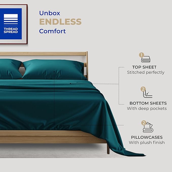 THREAD SPREAD 100% Cotton Split King Sheets for Adjustable Bed - 400 Thread Count 5 PC Sateen Split Sheet Set, Soft, Breathable Cooling Cotton Sheets, 16" Deep Pocket Split King Bed Sheet (Teal)